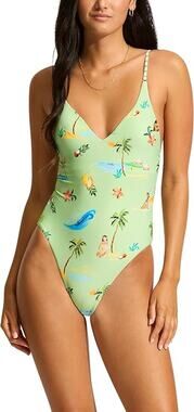 Seafolly Isla Palm V Neck One Piece - Sage NWT SIZE US 6